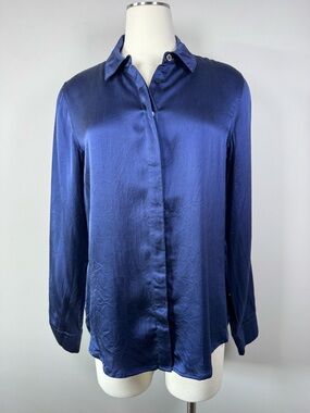 Guess by Marciano Deep Blue Silk Button-Up Blouse Medium